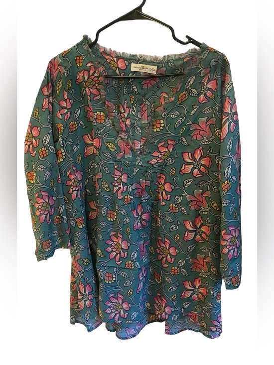 NATURAL LIFE Tops - NATURAL LIFE Green Floral Peasant Top with Pink & Yellow Accents